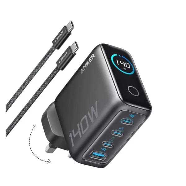 Anker 140W Foldable USB-C GaN Wall Charger with 1.5m Cable, Dual 140W USB-C, USB-C + USB-A Ports, B2697KZ1– Dark Grey.